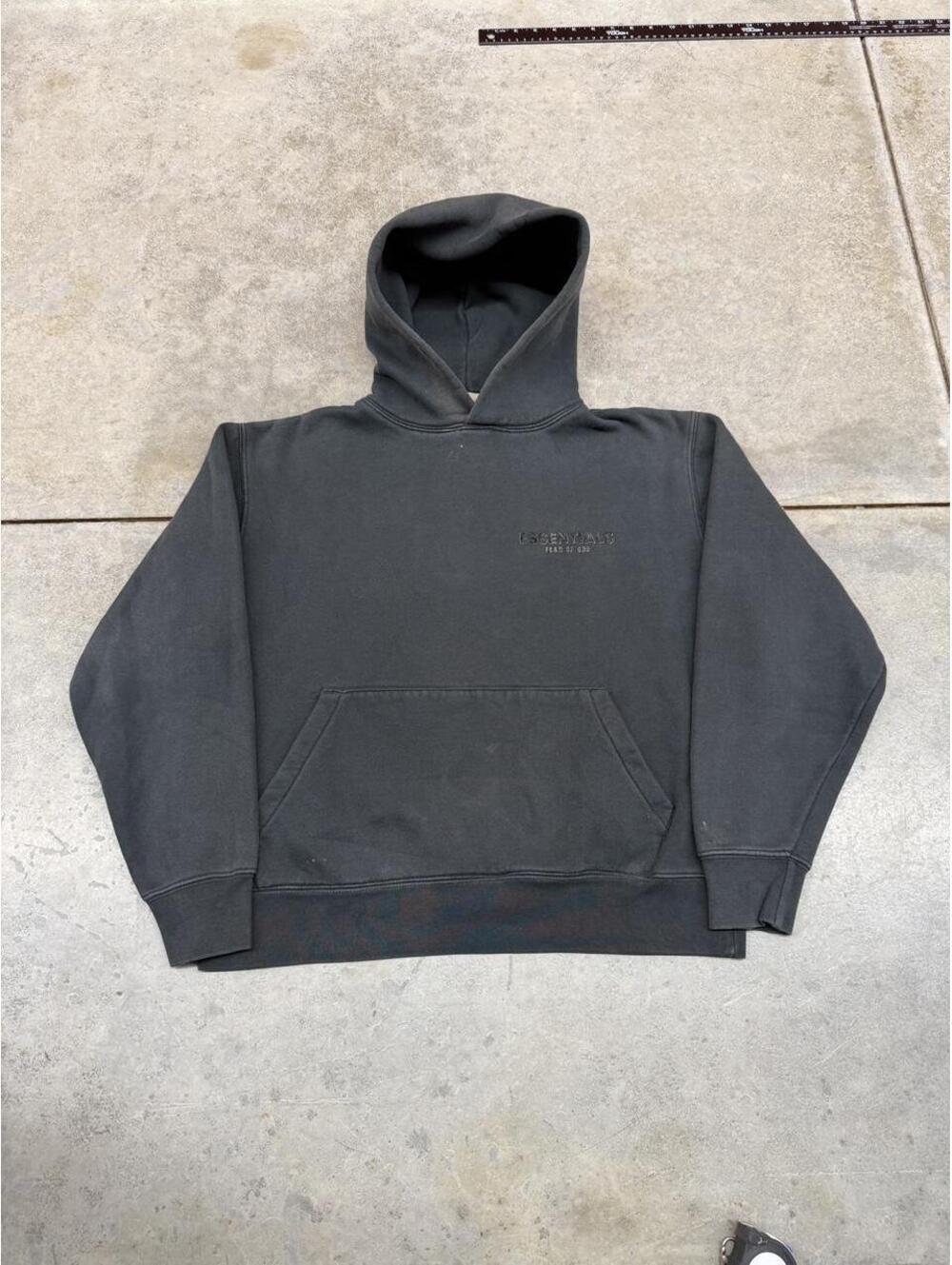 fear of god essentials faded black small logo heavyweight hoodie size small